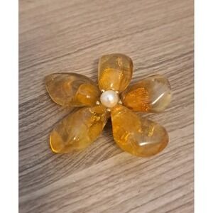 Vintage Citrine Yellow Flower Pearl Brooch Pin Signed Swoboda